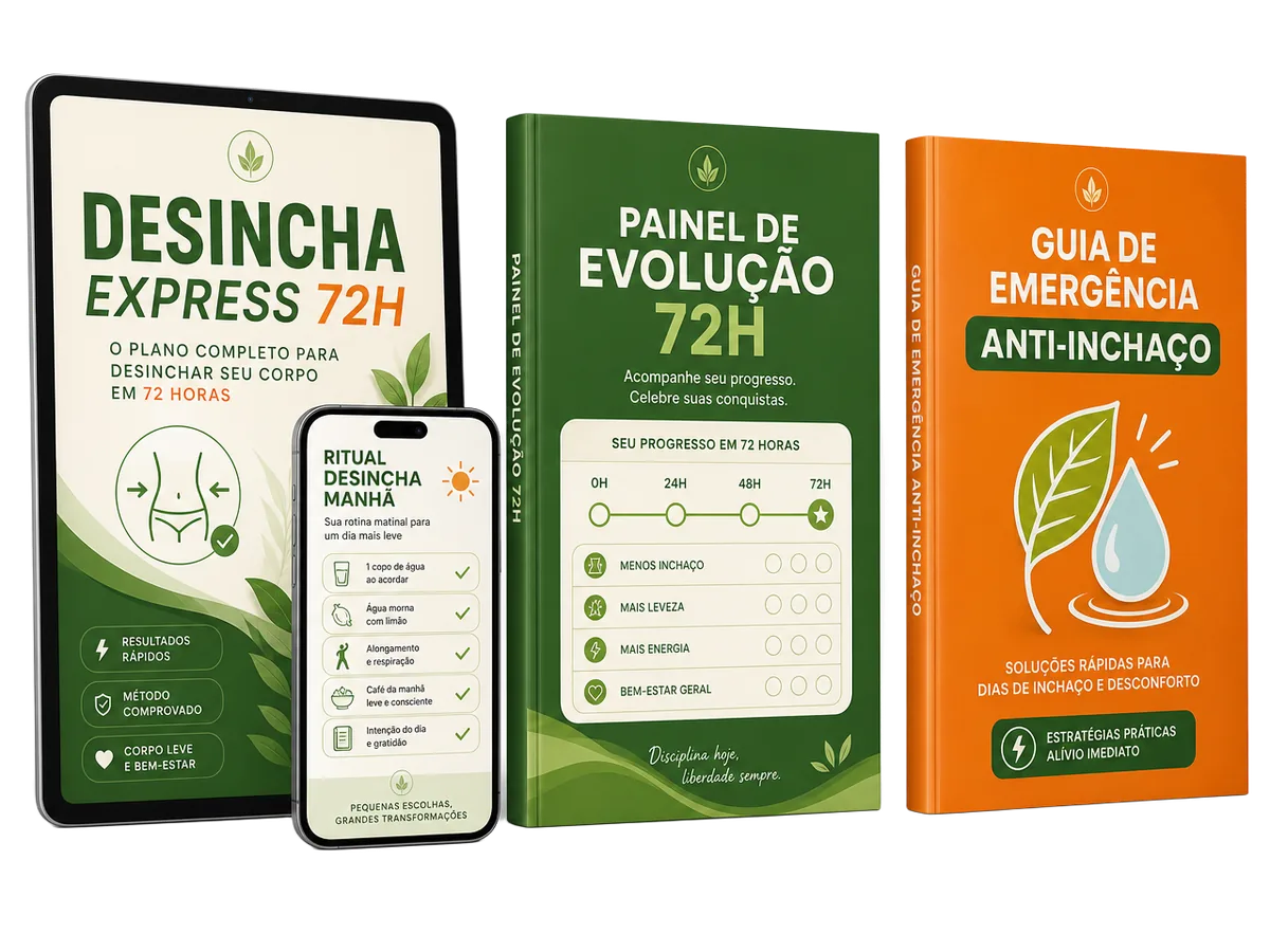 Mockup dos materiais do Protocolo Desincha Express 72H