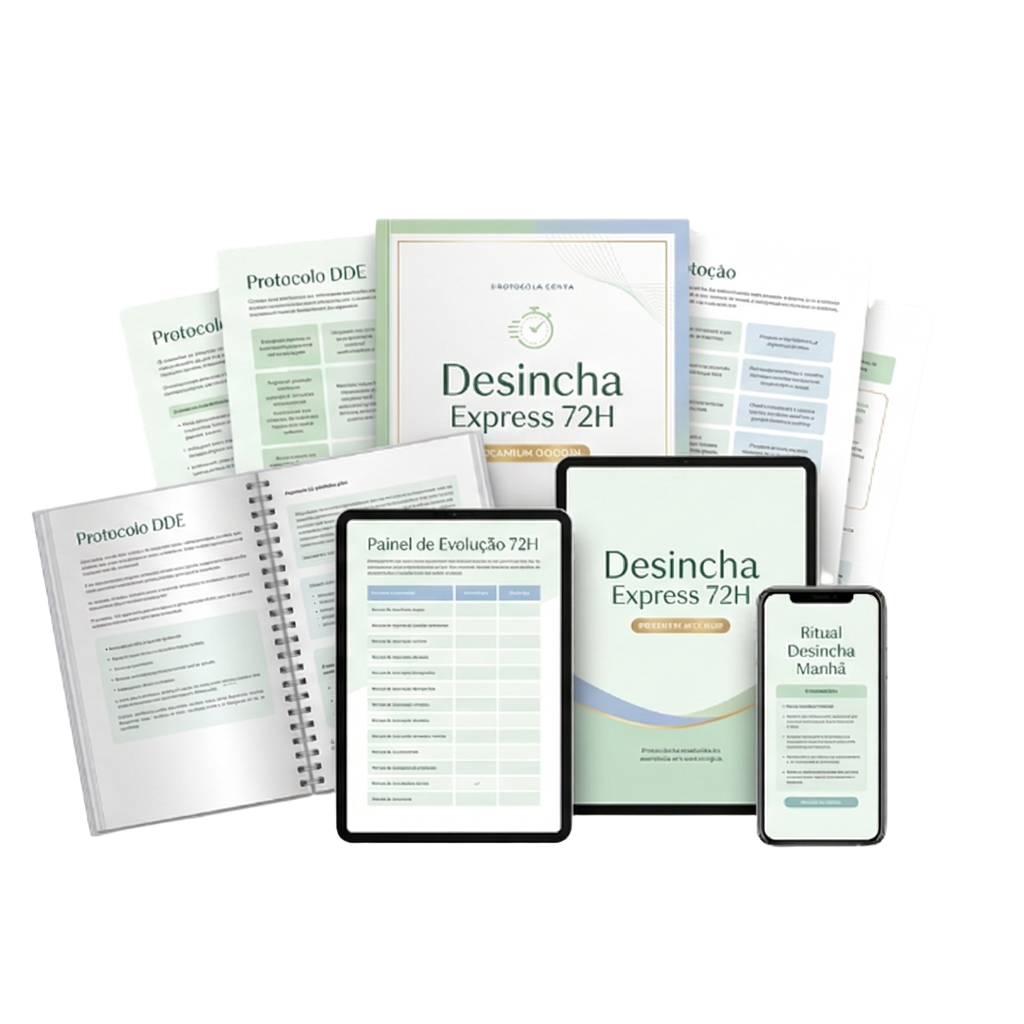 Mockup dos materiais do Protocolo Desincha Express 72H